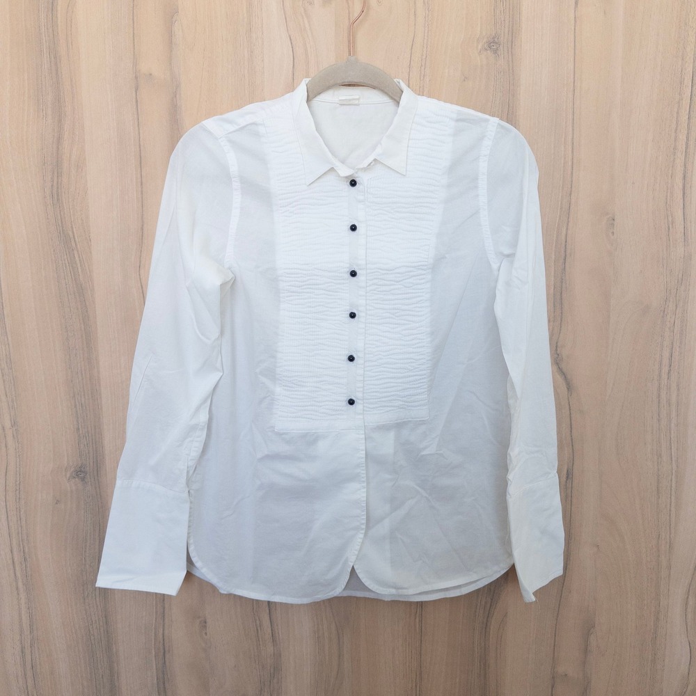 J. Crew Women Button Down Shirt XS White Pleated Tuxedo Bib Cotton Shirt Classic